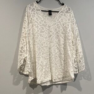Lildy V-Neck White Full Lace Tunic - Bell 3/4 Sleeves - Size Large-Extra Large